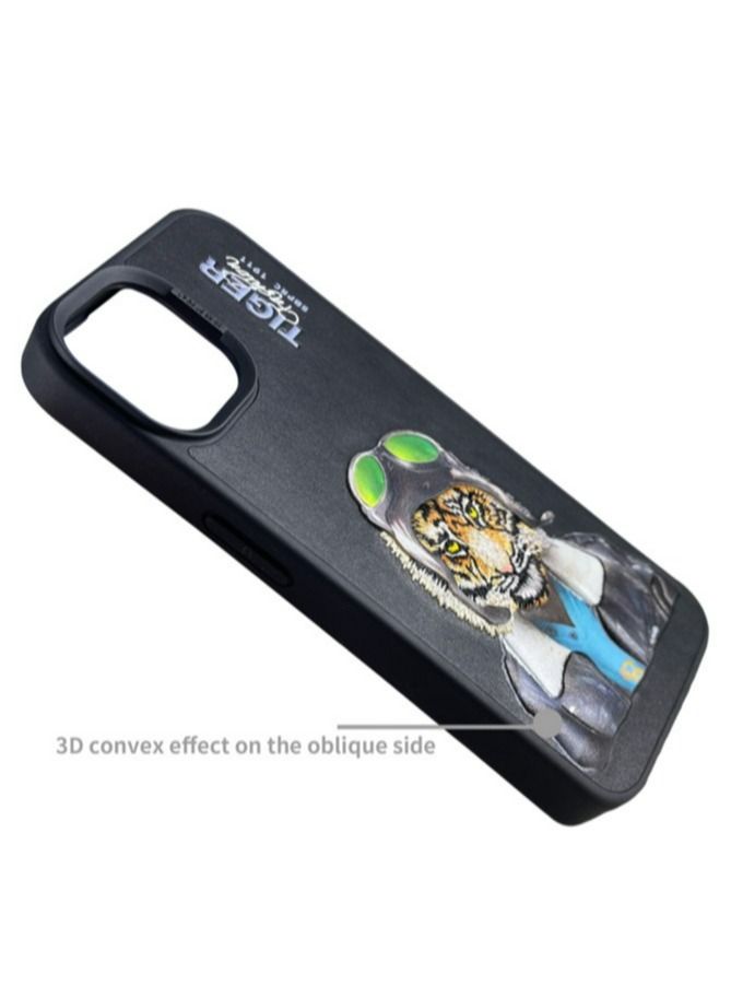 Fergus Tiger Series Leather Phone Case with 3D Rises Letters and Embroidery Design for iPhone 15 Pro Max- Black