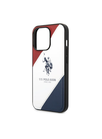 USPA iPhone 14 Pro PU Leather Case With Embossed Double Line & Horse Logo, Full Protection, Easy Snap-On & Slim Profile - Red/White/Navy