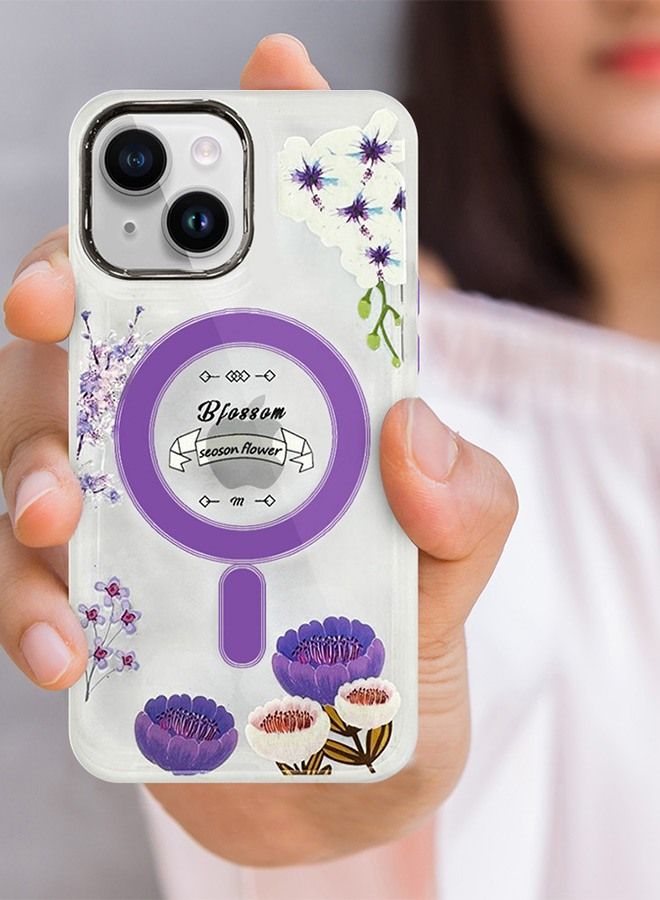 Case for Apple iPhone 14 PLUS Romantique Floral Design Fashion Flower Compatible with MagSafe & Wireless Charging Cover PURPLE