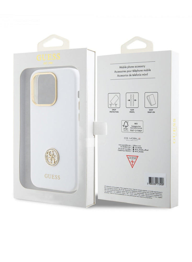 Guess Silicone Case with 4G Strass Logo Case for iPhone 15 Promax - White