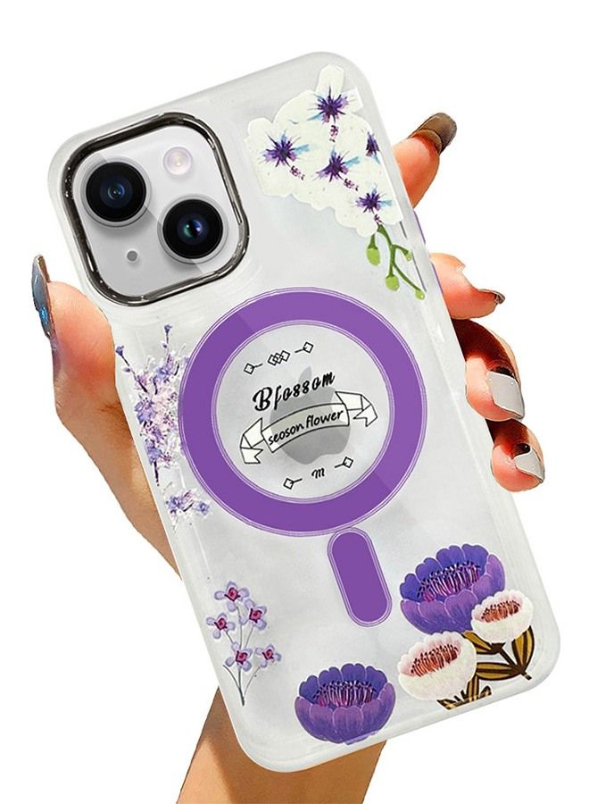 Case for Apple iPhone 14 PLUS Romantique Floral Design Fashion Flower Compatible with MagSafe & Wireless Charging Cover PURPLE