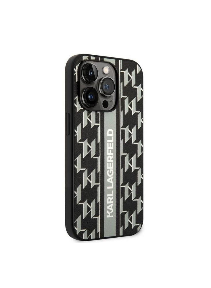 Grained Leather Case, Monogram Pattern Vertical Logo Stripe Compatible With iPhone 14 Pro Max - Grey