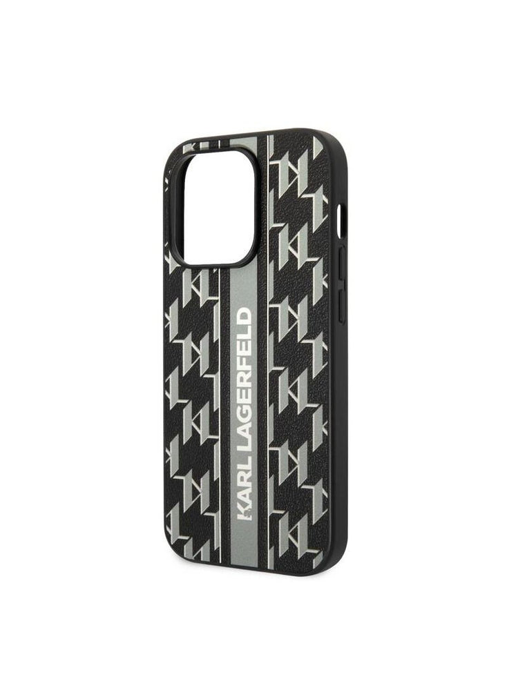 Grained Leather Case, Monogram Pattern Vertical Logo Stripe Compatible With iPhone 14 Pro Max - Grey