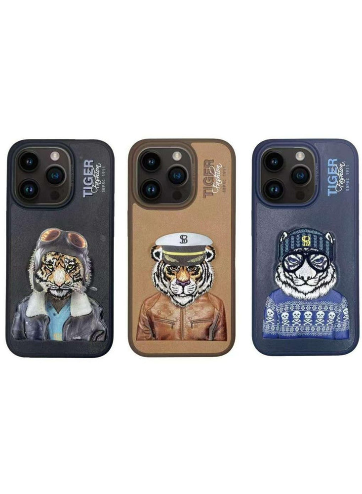 Fergus Tiger Series Leather Phone Case with 3D Rises Letters and Embroidery Design for iPhone 15 Pro Max- Black