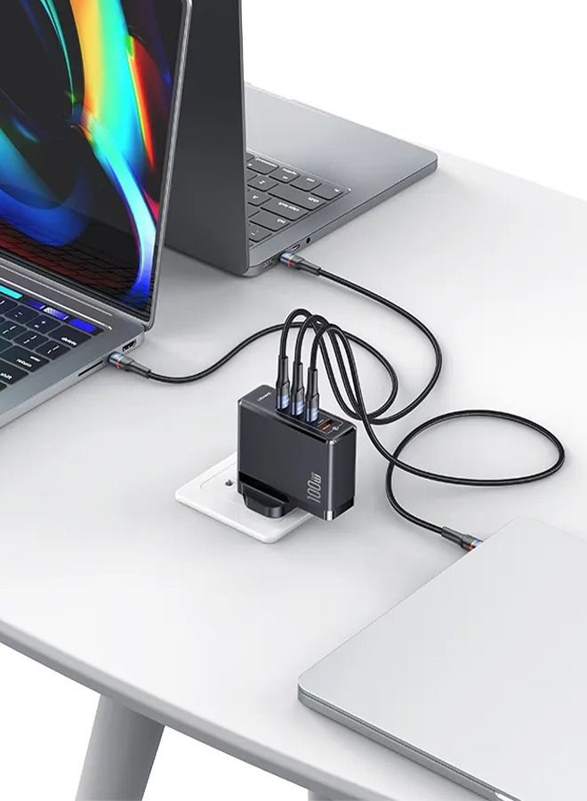 100W GaN Charger For Laptop Mobiles with 3 USB-C and 1 QC3.0 USB-A Ports The Ultimate Fast Charger for iPhone 14, 13 Pro, Xiaomi, Samsung, and Macbook