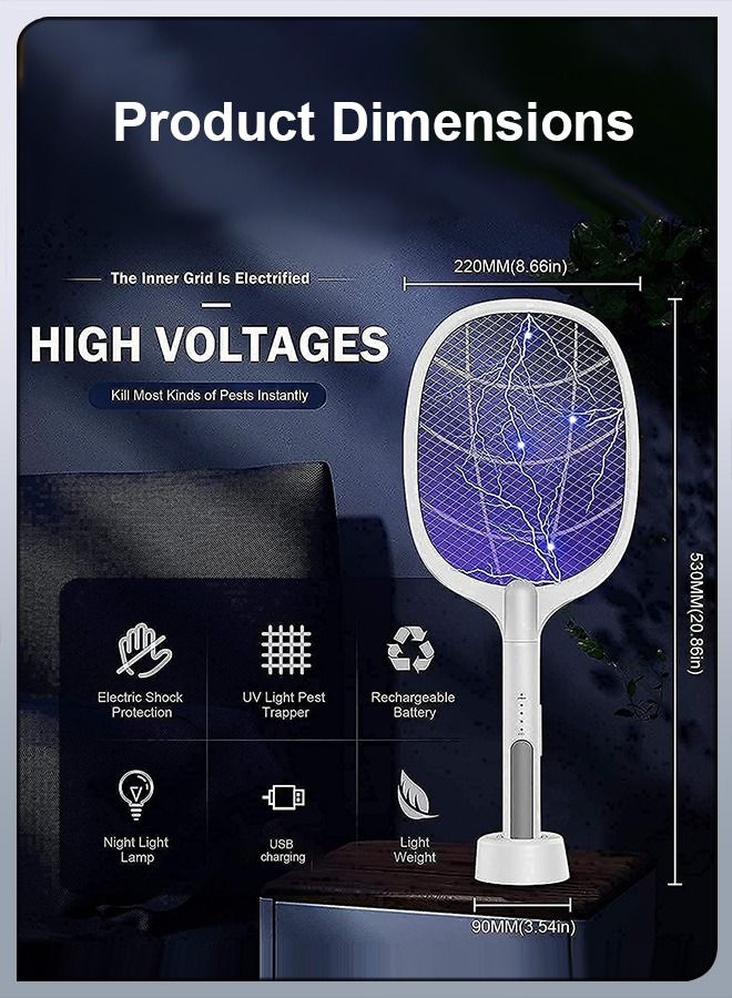 2 In 1 Handheld Electric Fly Swatter Mosquito Killer Bat Mosquitoes Lamp Racket USB Rechargeable Bug Zapper with Grid 3-Layer Mesh for Home and Outdoor Pest Control