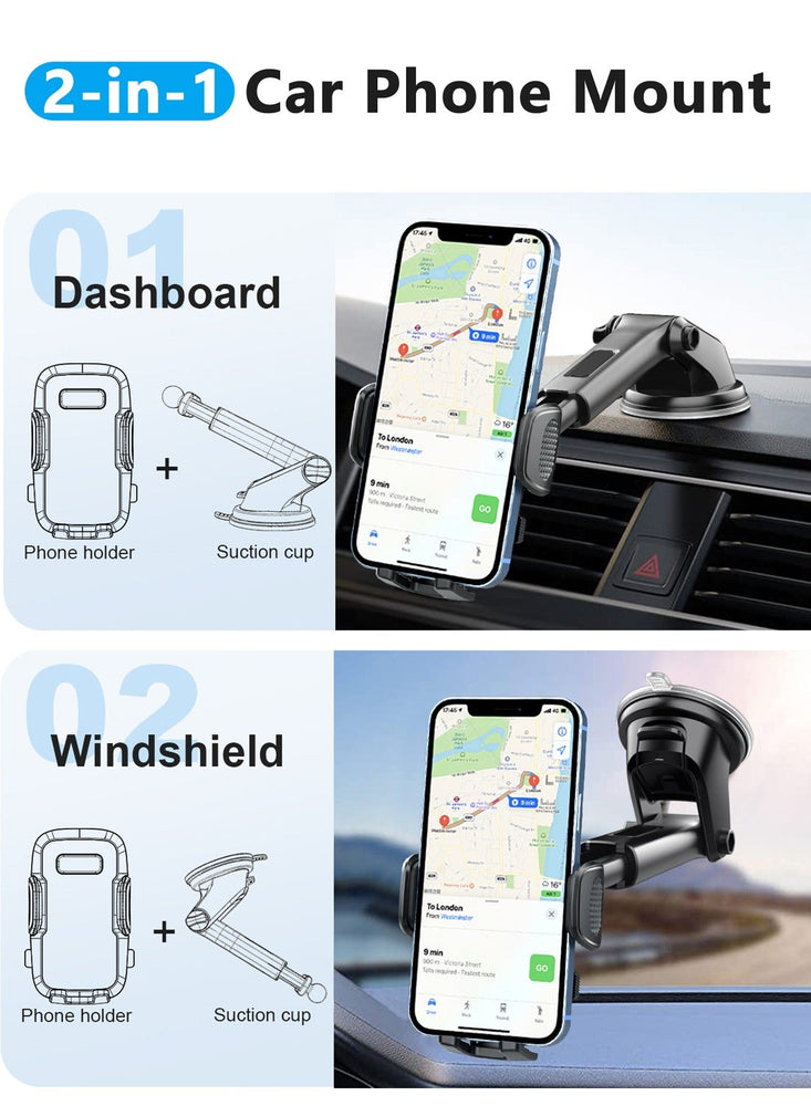 Phone Holder Car Mount - Powerful Suction, Dashboard/Windshield/Air Vent Mount, Universal Accessories, Thick Cases Friendly, Automobile Cell Phone Holder for iPhone Smartphones