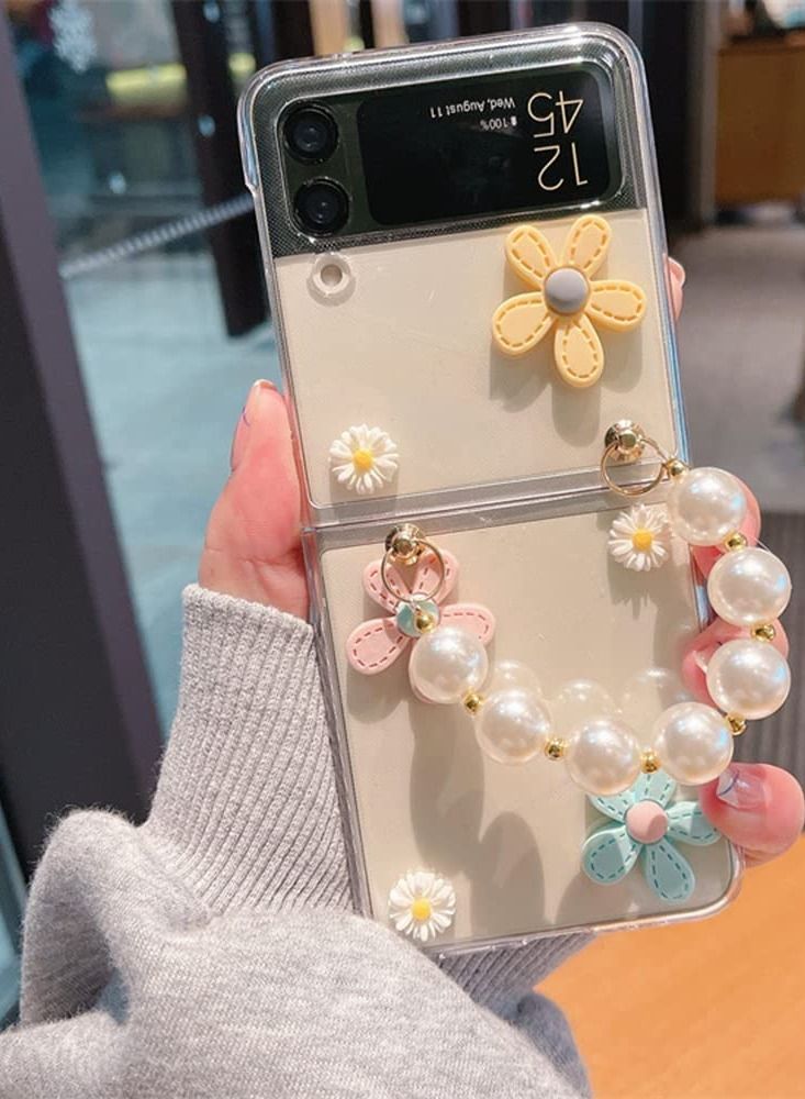 Cute Case for Samsung Galaxy Z Flip 4 with Strap, Fashion Flower Case for Galaxy Z Flip 4 5G Protective Girls Case with Pearl Chain, Hard PC Case for Z Flip 4 Clear Case with Lanyard