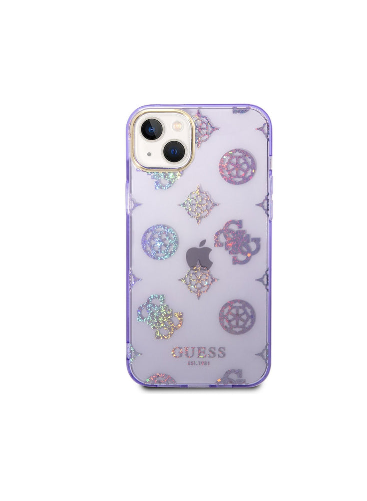 Guess iPhone 14 Plus PC/TPU IML Case With Electroplated Camera Outline & Peony Glitter, Drop & Bumper Protection, Easy Snap-On and Slim Profile - Lilac