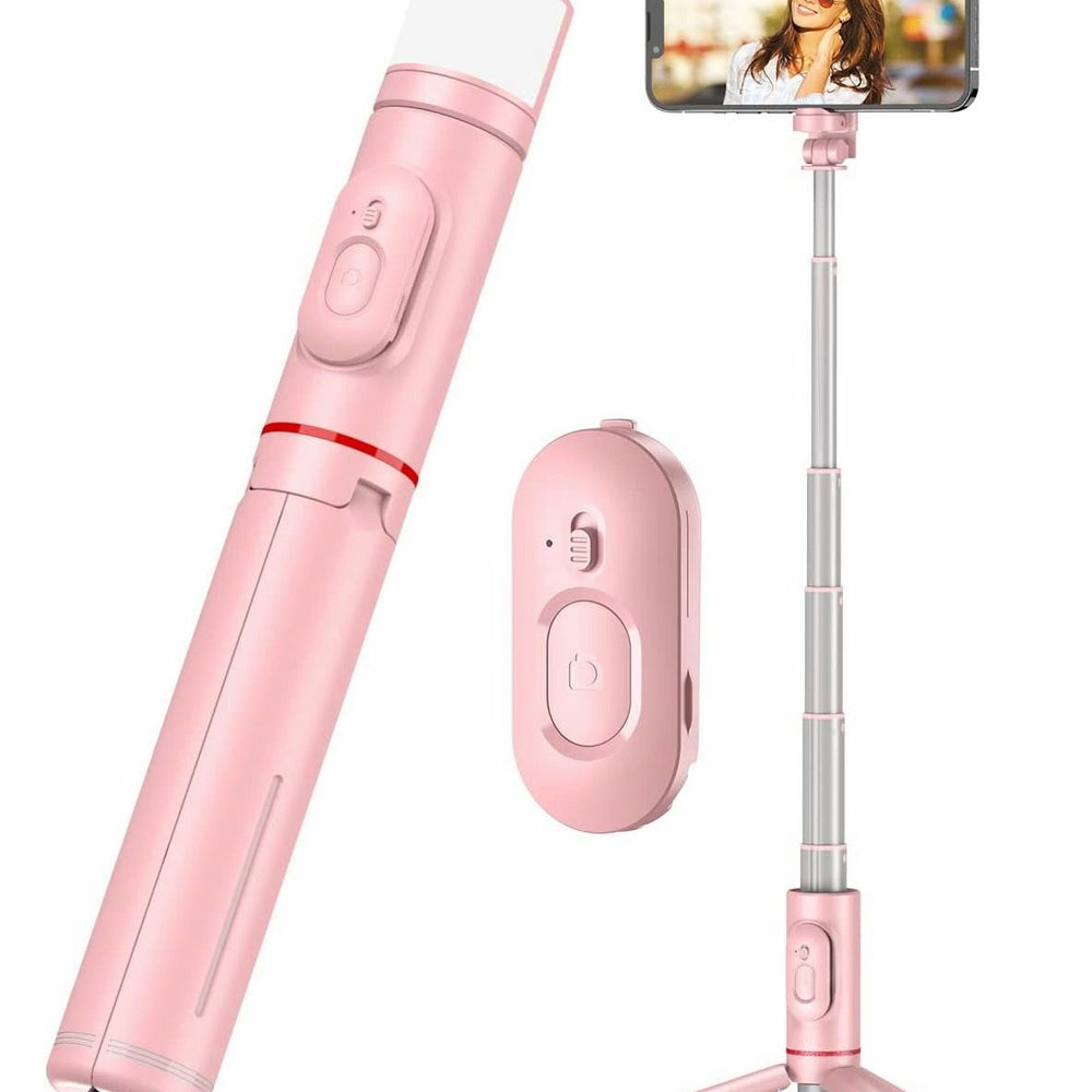 Bluetooth Selfie Stick Tripod 270 Rotation Extendable 3 in 1 Aluminum with Fill Light Mobile Phone Self Timer Rotating Live Broadcast Support for iPhone Android (Pink)