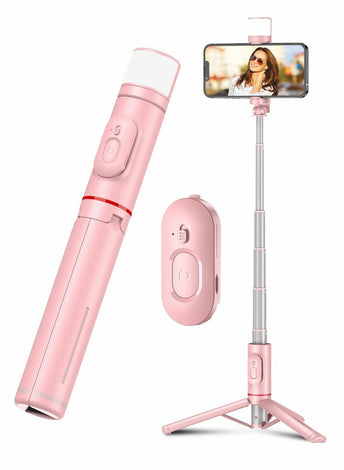 Bluetooth Selfie Stick Tripod 270 Rotation Extendable 3 in 1 Aluminum with Fill Light Mobile Phone Self Timer Rotating Live Broadcast Support for iPhone Android (Pink)