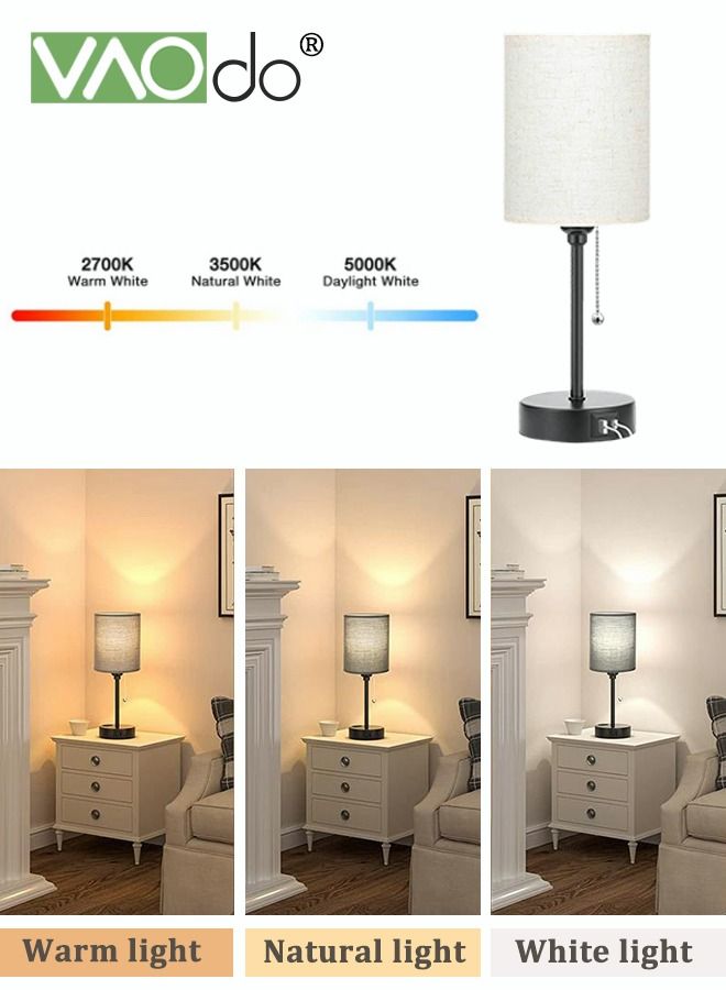 Bedroom Lamps 3 Color Temperatures with USB C and A Ports Pull Chain Table Lamps with AC Outlet White Nightstand Lamps with Black Metal Base for Kids Reading