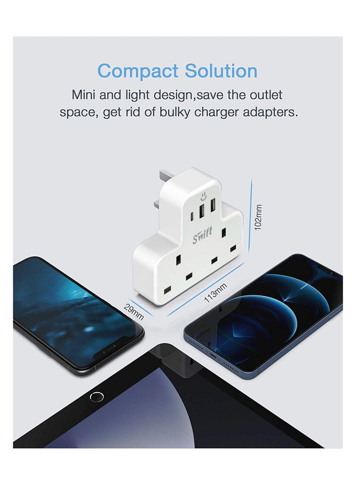 Multi Plug Extension Power Adapter with 2 USB & 1 C Port, Wall Charger Adapter Multi Power Socket for Home, Office, Kitchen, PC