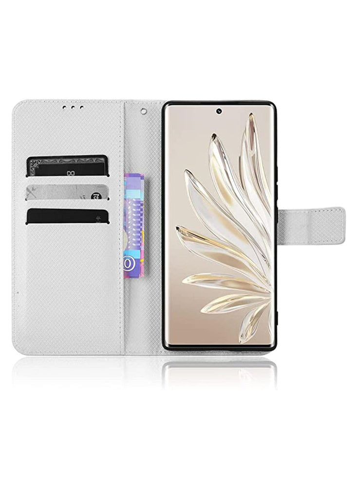 Honor 70 5G Case Cove with Anti-loss Strap flip Wallet case Advanced PU Leather Bracket Card Slot Holder TPU Shockproof Protective Protector White