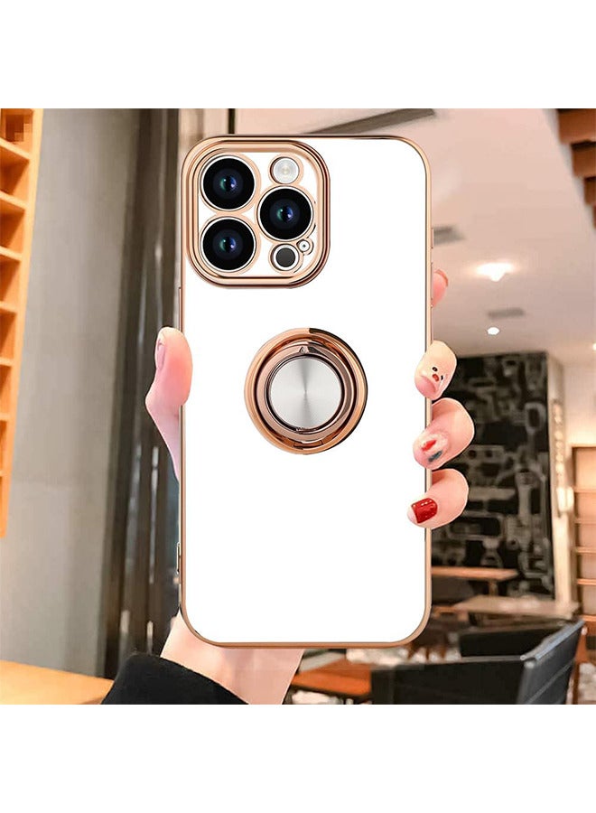 Compatible With iPhone 15 Pro Max Case For Women And Men, Plating Built-In 360 Rotation Magnetic Ring Kickstand Holder Soft Slim Shockproof Bumper Protective Cover (White)