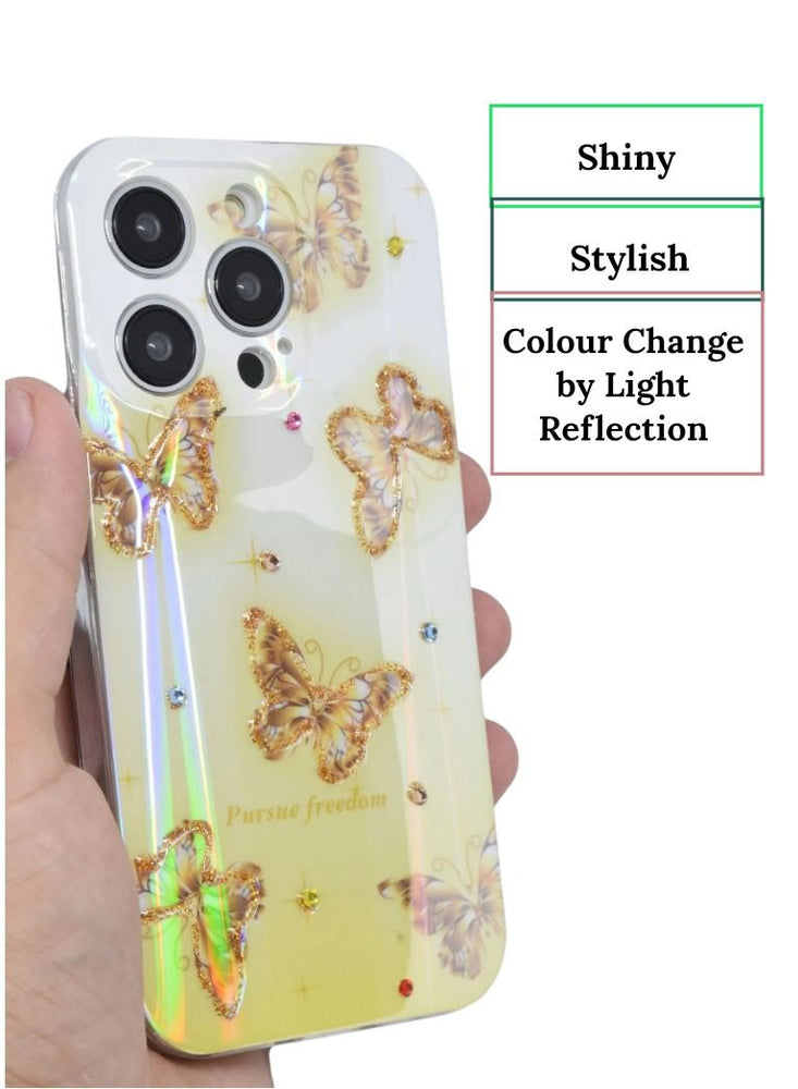 iPhone 14 Pro Max Case Cute Girls Women Iridescent Butterfly Design Laser Bling Glitter Soft Silicone Bumper Protective Phone Cover