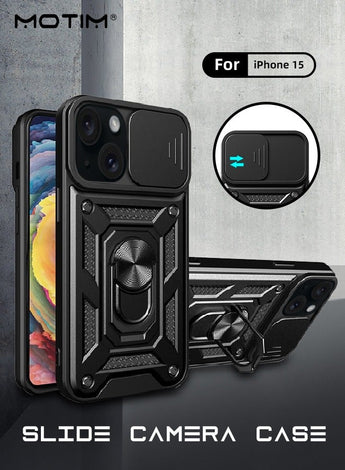 Kickstand Case for iPhone 15, iPhone 15 Case with Slide Lens Cover & Built-in 360° Rotate Ring Stand Magnetic Magnet Protective Phone Cover Case for iPhone 15 6.1 inch 2023