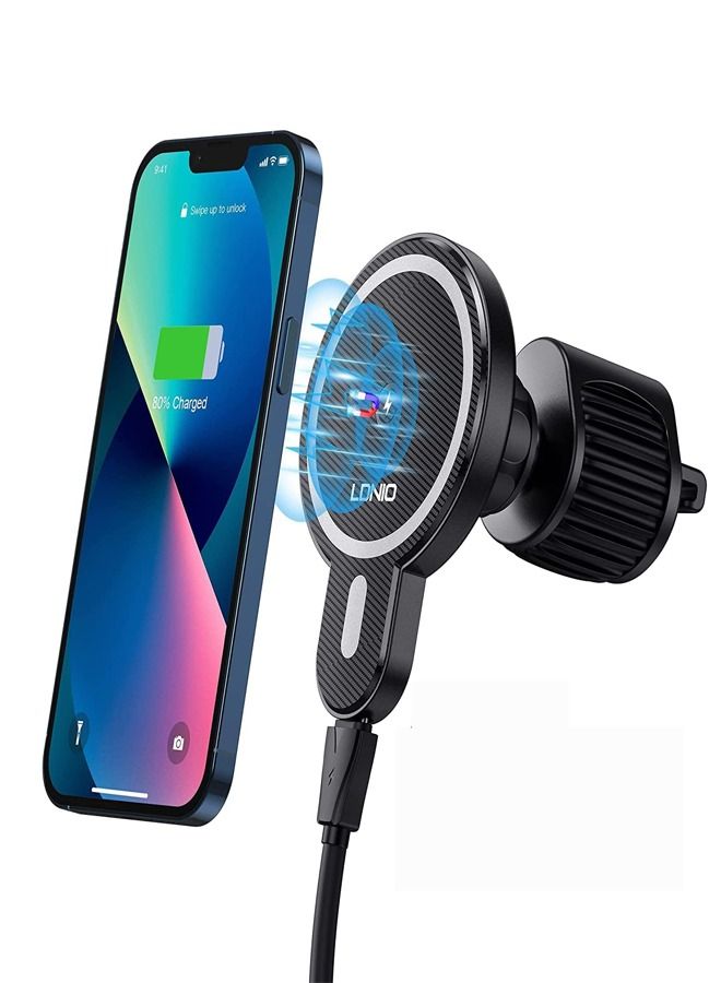 Compatible for Mag-Safe car charger fast charge, LDNIO Strong Magnetic car phone holder wireless charger, Hands Free Car Phone Holder for iPhone 14/13 /12 and Mag-Safe Case