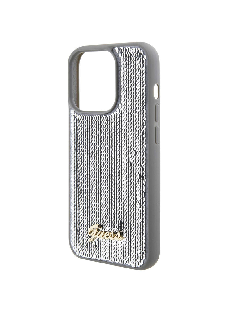 Guess Sequin Script Case with Guess Metal Logo for iPhone 15 Promax - Silver