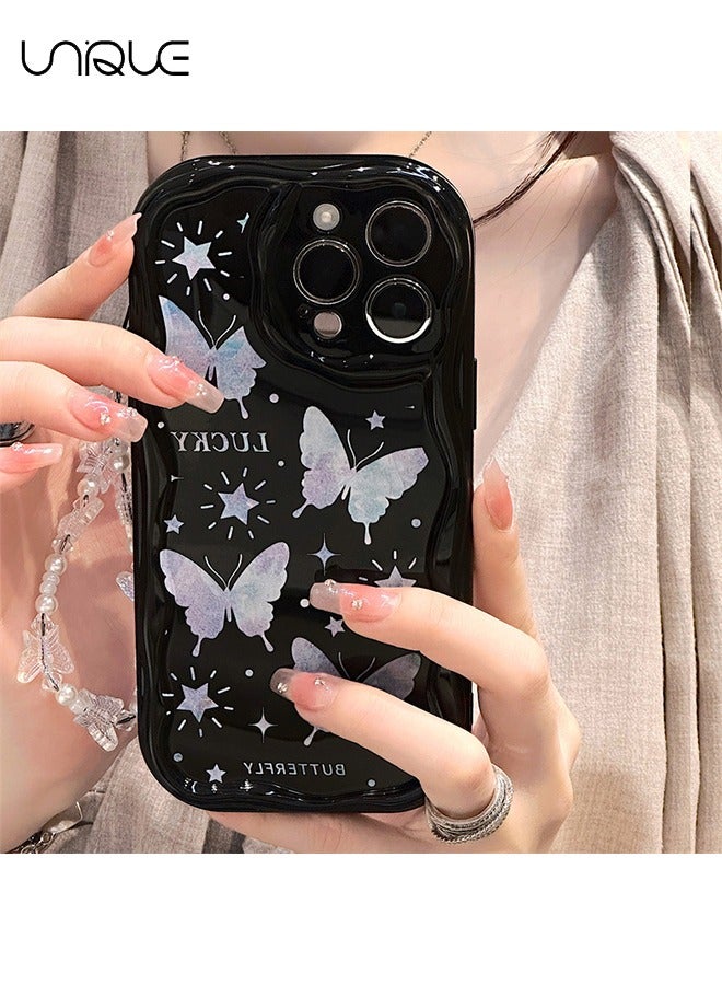 For iPhone 15 Pro Max Phone Case - Laser Butterfly Phone Case - TPU Protective Case - Shockproof Ultra Thin Phone Case Female Girl, Black / With Lanyard