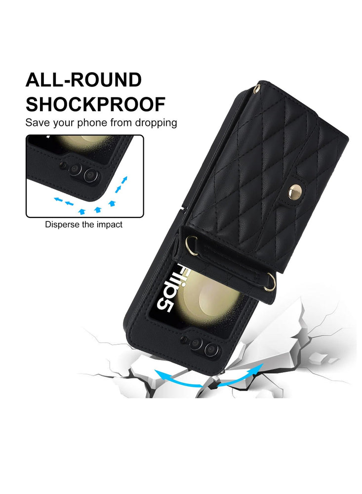 Wallet Case for Galaxy Z Flip 5 with Card Holder Crossbody Wallet Leather Handbag RFID Blocking Detachable Lanyard Magnetic Flip Case Compatible with Samsung Galaxy Z Flip 5 5G Black