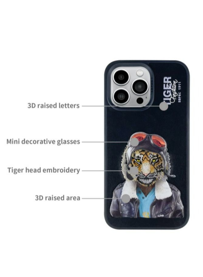 Fergus Tiger Series Leather Phone Case with 3D Rises Letters and Embroidery Design for iPhone 15 Pro Max- Black