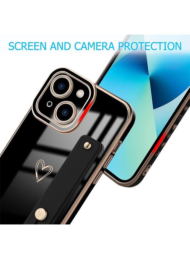 Compatible for iPhone 13 Case with Strap Luxury Love Heart Plating Gold Bumper Phone Cover Adjustable Hand Strap Stand Holder, Full Body Protective Shockproof Cases for Women - Black