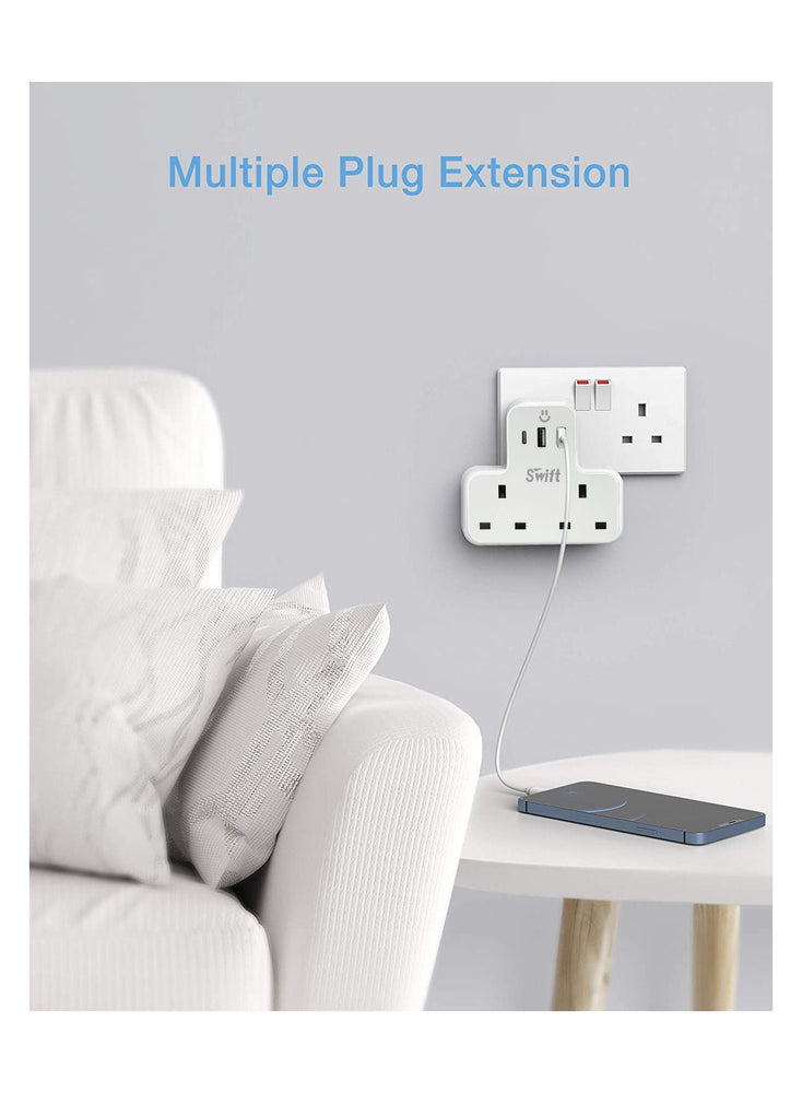 Multi Plug Extension Power Adapter with 2 USB & 1 C Port, Wall Charger Adapter Multi Power Socket for Home, Office, Kitchen, PC