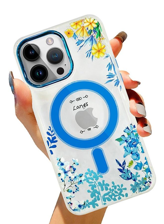 Case for Apple iPhone 14 PRO Romantique Floral Design Fashion Flower Compatible with MagSafe & Wireless Charging Cover BLUE