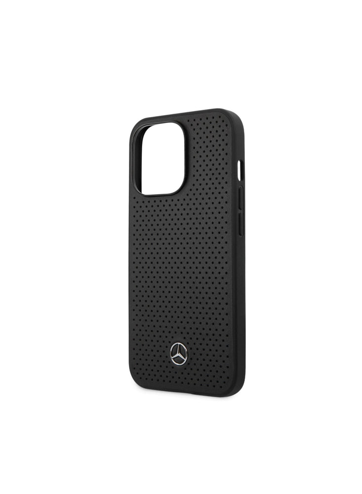 Mercedes-Benz iPhone 14 Pro Max Genuine Leather Hard Case With Perforated Metal Star Logo, Scratch & Drop Protection, Easy Snap-On, Slim Profile - Black