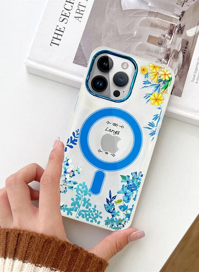 Case for Apple iPhone 14 PRO Romantique Floral Design Fashion Flower Compatible with MagSafe & Wireless Charging Cover BLUE