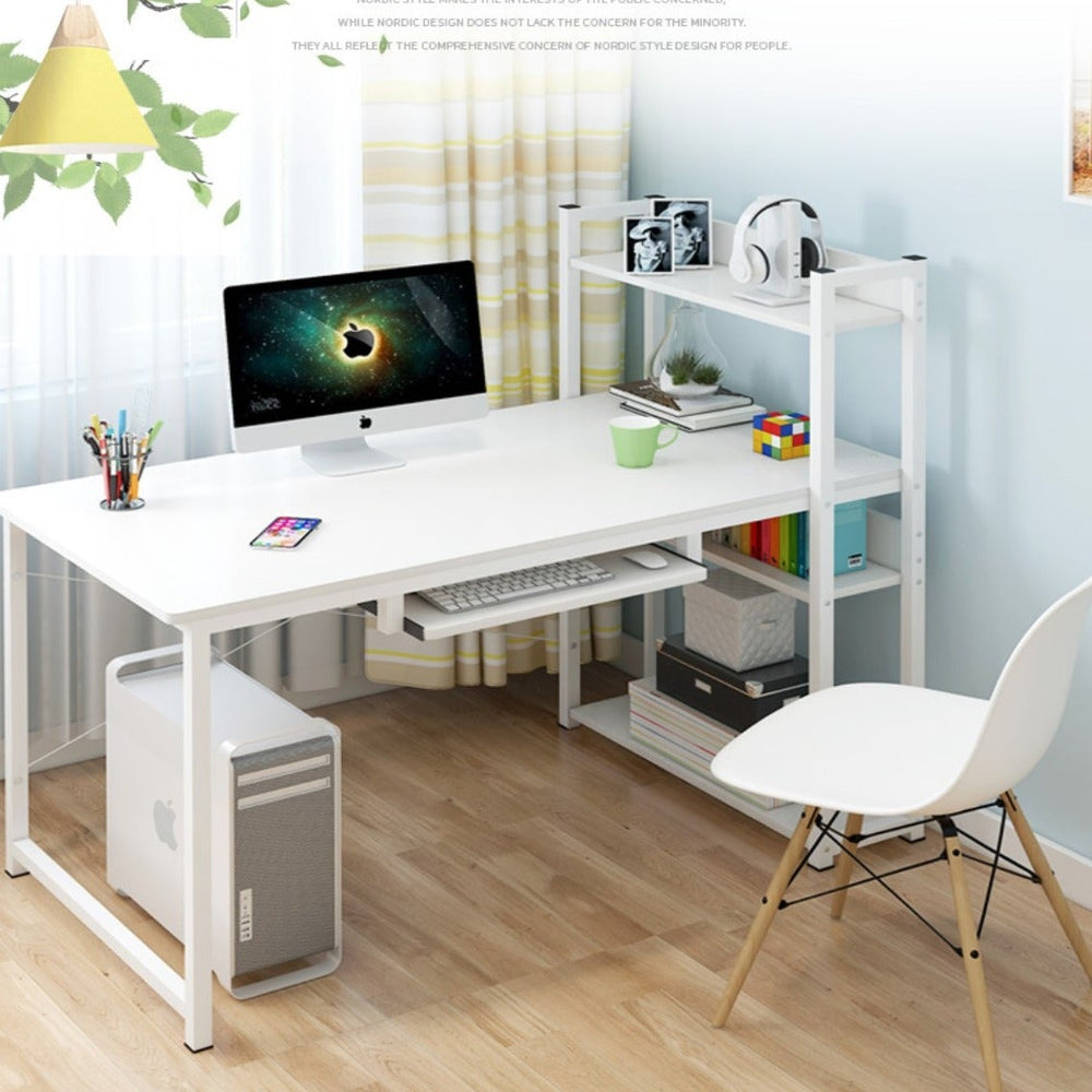 Computer Desk with Storage Shelves 47 inch Study Writing Gaming Table with 4-Tier Bookshelf Space-Saving Design (White)