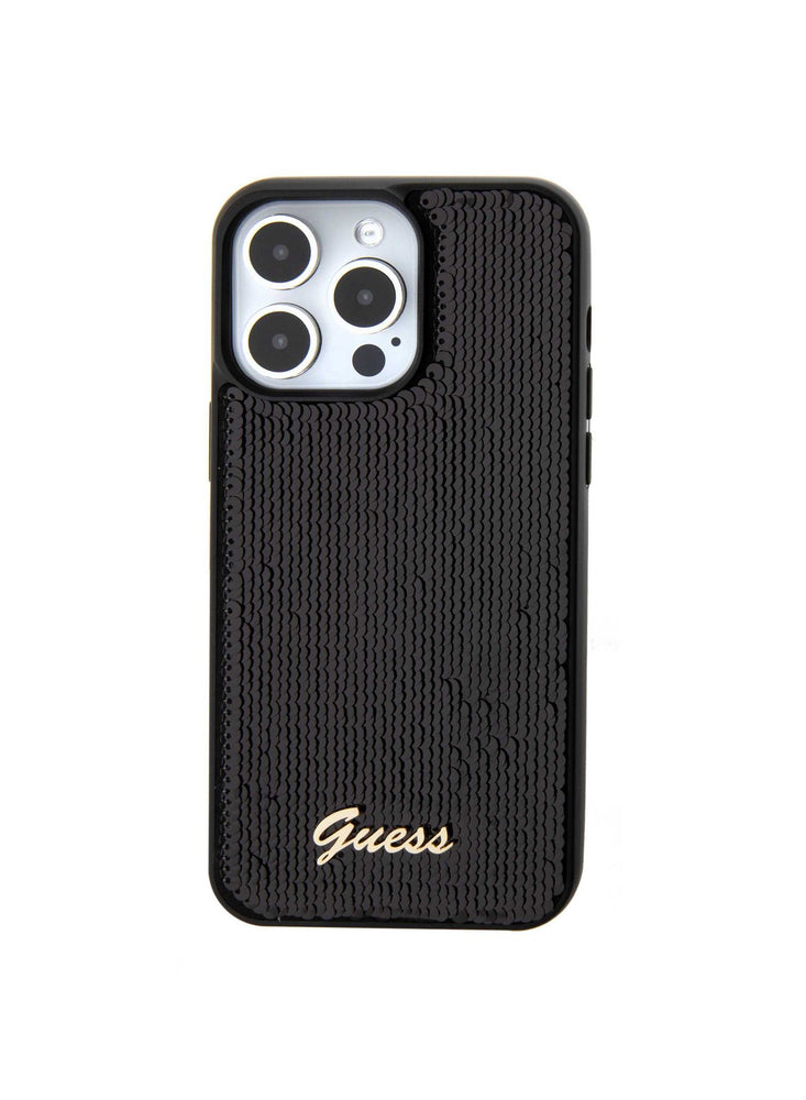 Guess Sequin Script Case with Guess Metal Logo for iPhone 15 Promax - Black