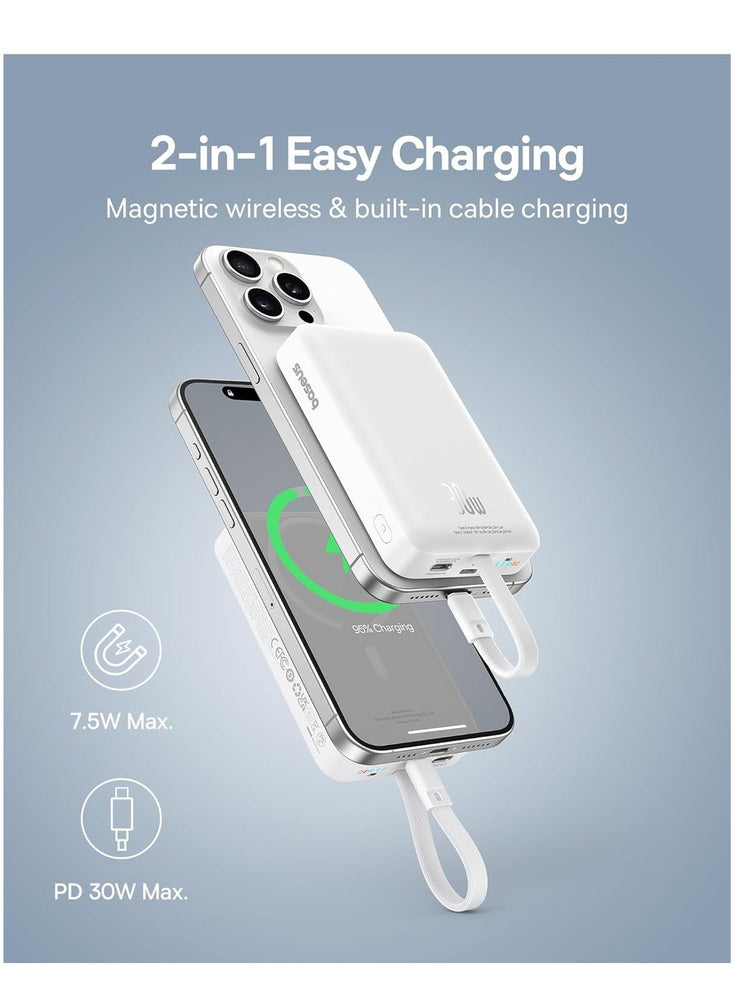 10000 mAh Magnetic Power Bank, PD 30W Portable Charger, 10K Battery Pack With Built-In USB-C Cable (In And Out) For iPhone 15/15 Plus/15 Pro/15 Pro Max/14/13/12, For Magsafe, Galaxy, MacBook iPad Etc White