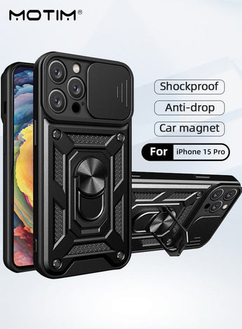 Kickstand Case for iPhone 15 Pro, iPhone 15 Pro Case with Slide Lens Cover & Built-in 360° Rotate Ring Stand Magnetic Magnet Protective Phone Cover Case for iPhone 15 Pro 6.1 inch 2023