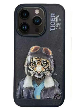 Fergus Tiger Series Leather Phone Case with 3D Rises Letters and Embroidery Design for iPhone 15 Pro Max- Black