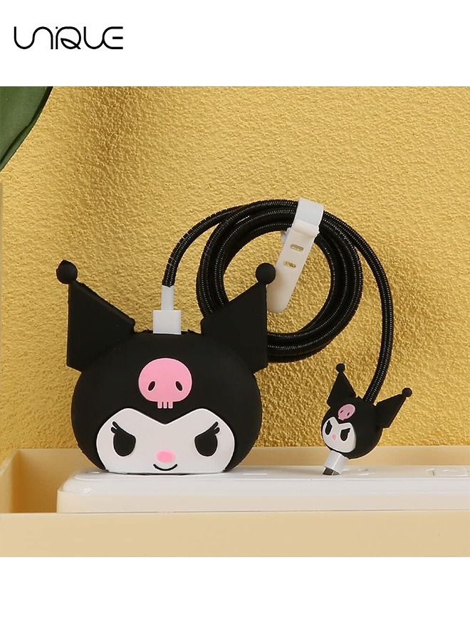 3D Cute Cartoon Charger Protector Case - Compatible for Apple 18/20W USB-C Power Adapter and Lightning Cable (Black )