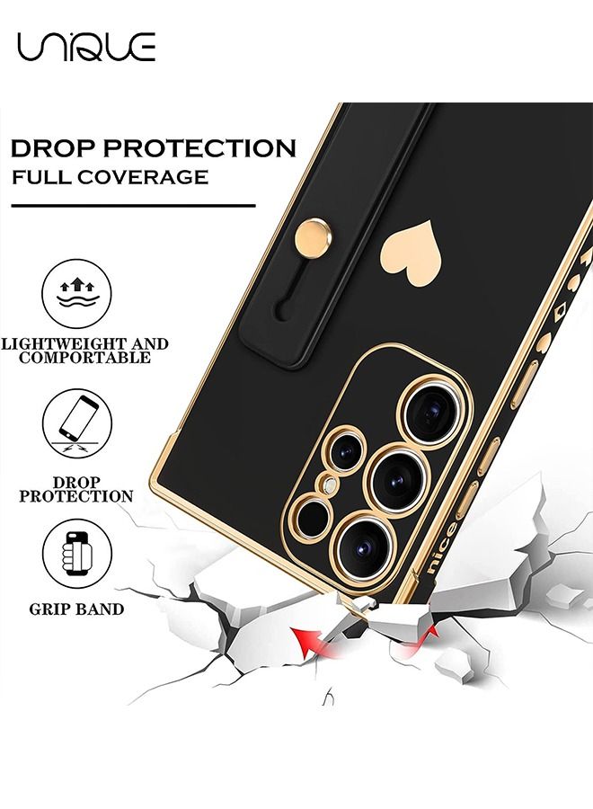 Compatible Samsung Galaxy S23 Ultra 5G Enclosure with Finger Strap Luxury Cute Heart Electroplating Phone Case Full Body Protection Stand Cover for Galaxy S23 Ultra 5G 2023 Female Girl - Black