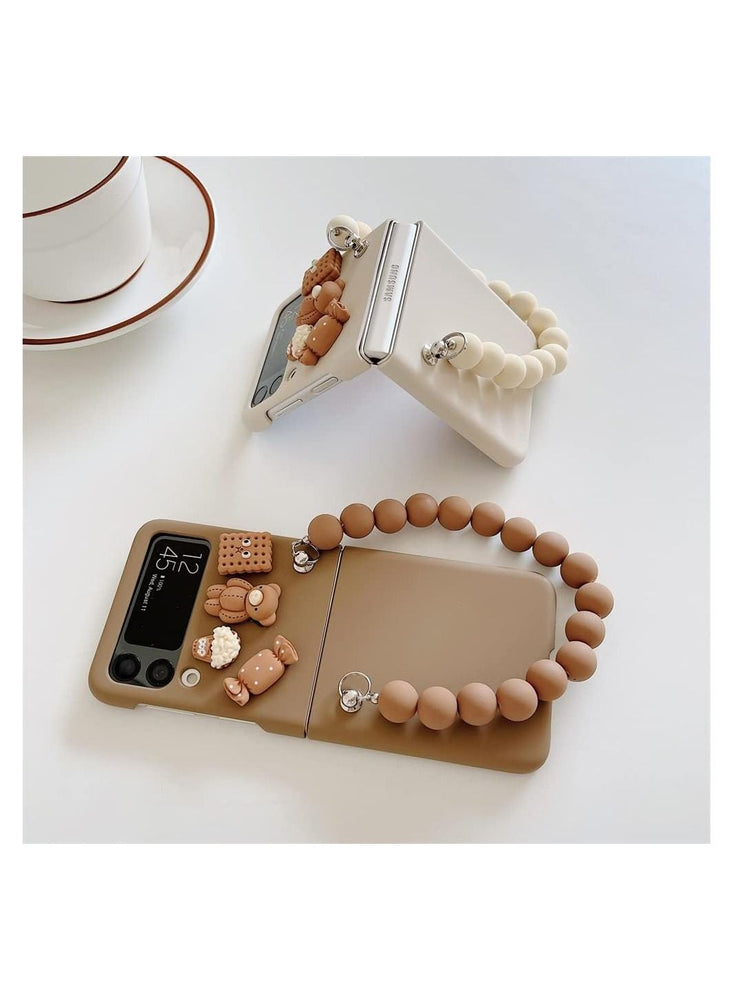 Samsung Galaxy Z Flip 4 Case, 3D Cute Candy Bear Toys Bracelet Phone Cases, Hard Cover Hand Chain Shell Wristband, Anti-Fall Protective Phone Cover, Brown