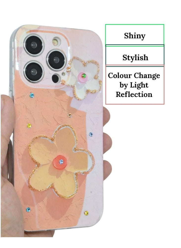 iPhone 14 Pro Cover 6.1 inch with Fashion Luxury Glossy Rhinestones Beautiful Oil Painting Flowers Pattern Design Soft Phone Case Silicone Shockproof Casing Protection Back Cover