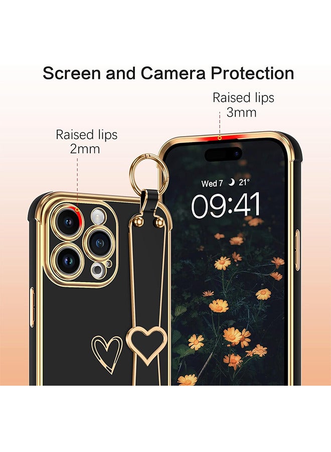 Compatible With iPhone 15 Pro Case, iPhone 15 Pro Phone Case With Adjustable Wristband Kickstand Loop, Lovely Heart Luxury Plating Bumper, Raised Corner Shockproof Women Girls Cover, Black