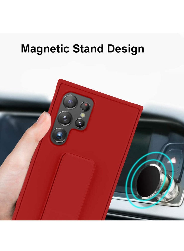 Hand Grip and Multi Stand Magnetic Car Mount Kickstand Case Finger Strap Case Cover For Samsung Galaxy S23 Ultra Red