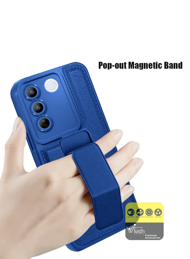 Hand Grip Foldable Kickstand Wrist Strap Finger Grip With Built-In Iron Piece Magnetic Car Holder Case Cover For Vivo V27 5G 2023 Navy Blue