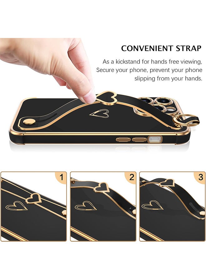 Compatible With iPhone 15 Pro Case, iPhone 15 Pro Phone Case With Adjustable Wristband Kickstand Loop, Lovely Heart Luxury Plating Bumper, Raised Corner Shockproof Women Girls Cover, Black