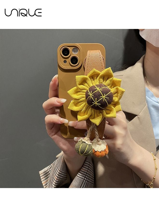 Crossbody Bag Women's Phone Case Compatible With iPhone 14, Beautiful Sunflower Wristband Grip Stand Camera Protection Shock Protection Female Girl iPhone 14 Phone Case, Brown