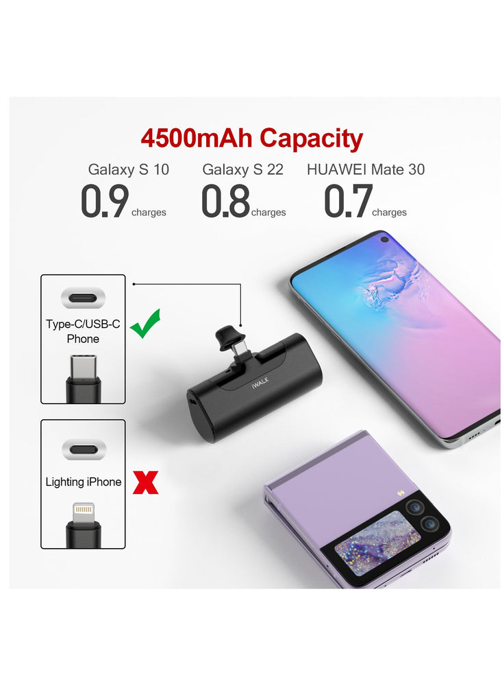 USB C Portable Mini Charger 4500mAh Ultra-Compact Small Power Bank Compatible with Samsung Galaxy Z Flip3,S21,S20,S10,S9,S8,Note 21/20/10/9/8,Moto Z3/2,LG V35/G8/7,Pixel 6 Pro/4, Black