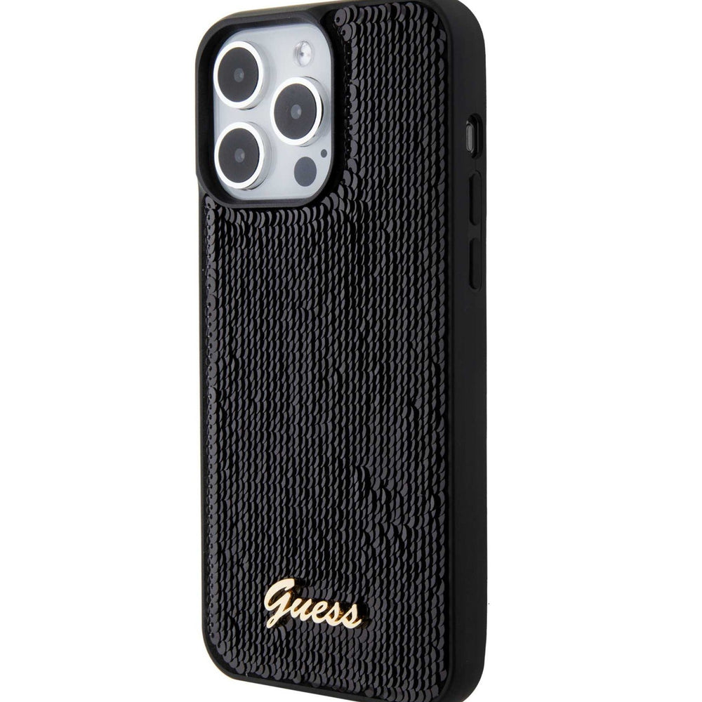 Guess Sequin Script Case with Guess Metal Logo for iPhone 15 Promax - Black