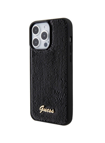 Guess Sequin Script Case with Guess Metal Logo for iPhone 15 Promax - Black