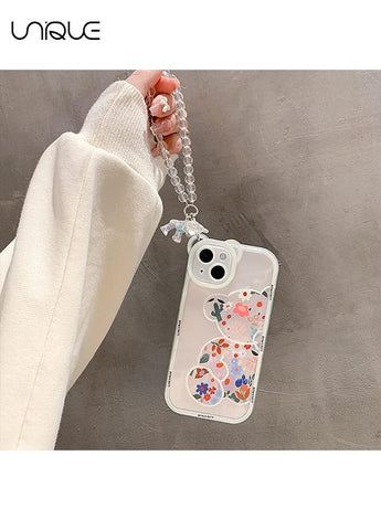 Compatible with iPhone 15 Case, Cute Flowers Bear Camera Protector Clear Case Cover with Lovely Strap Bracelet Chain Girls Women Case for iPhone 15