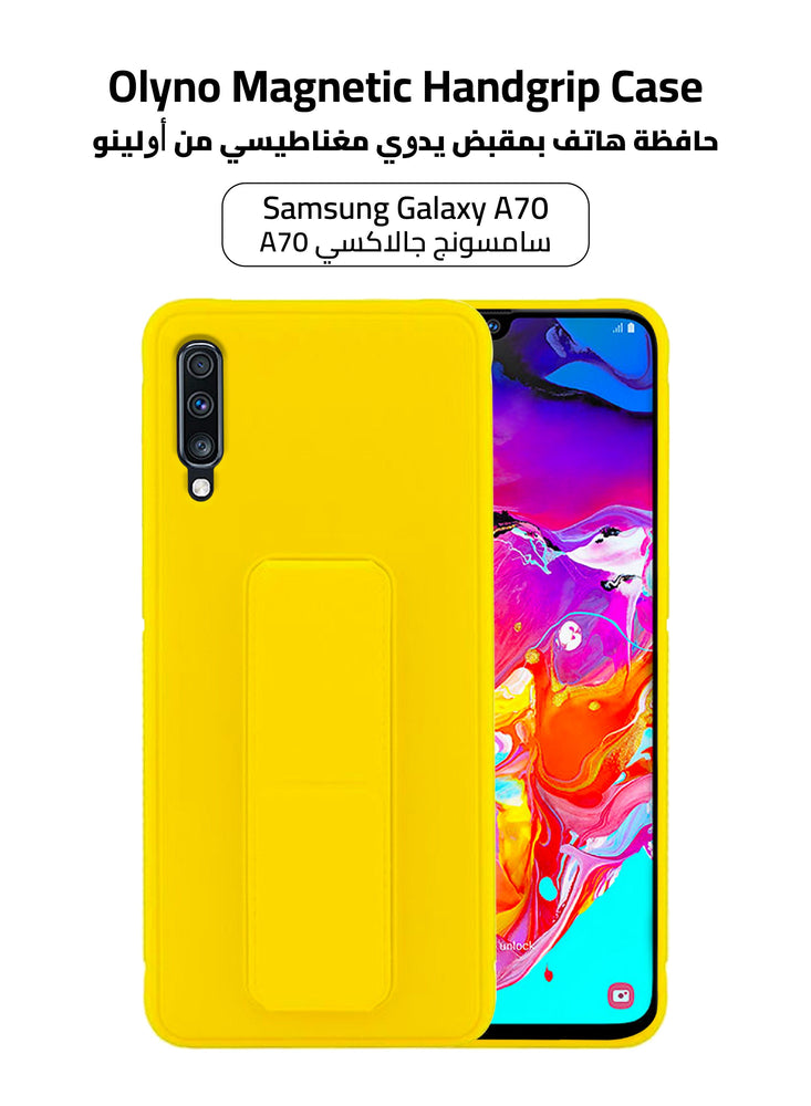 Silicone Samsung Galaxy A70 Back Case Cover【With Multi Purpose Kick Stand Holder And Magnetic Car Mount】Yellow Color